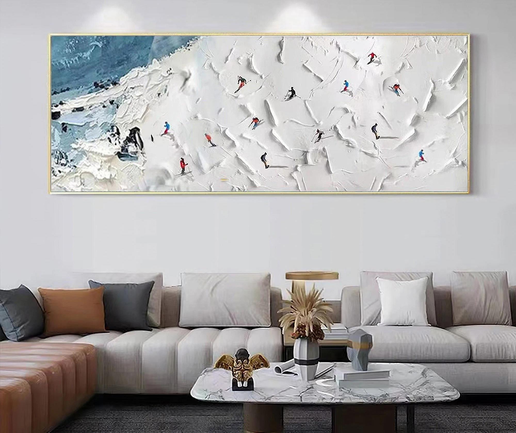 Skifahrer auf Schneebedeckter Berg Himmel Sport weißer Palettenmesser Wandkunst Minimalismus Ölgemälde